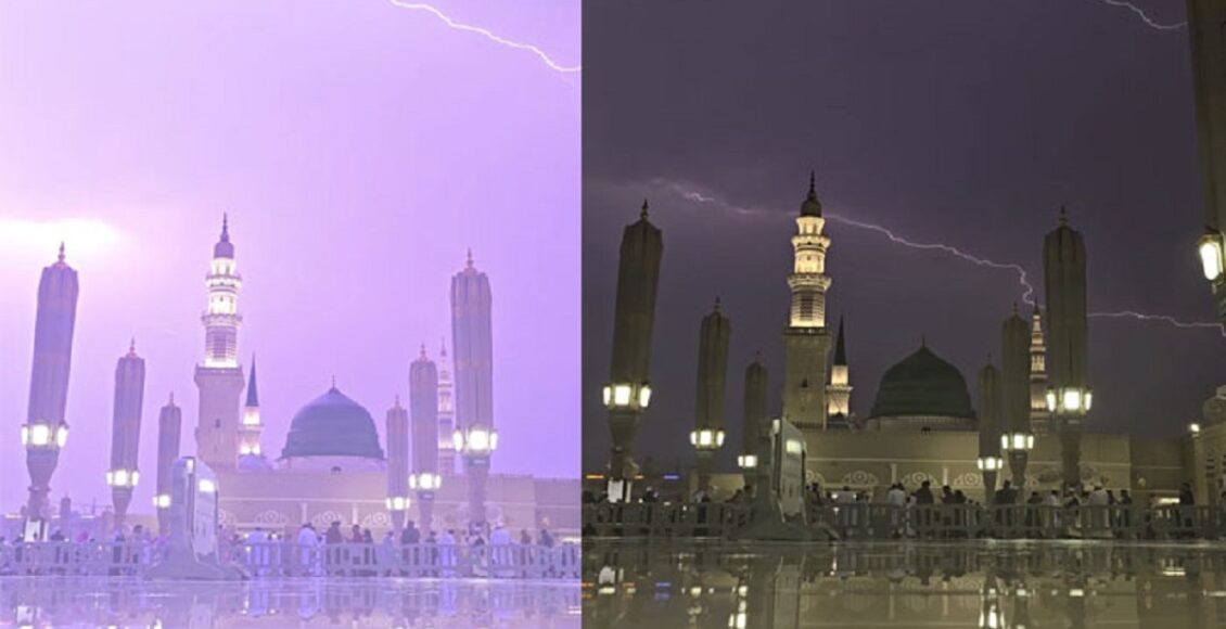 مدینہ منورہ میں موسلادھار بارش کے دوران مسجد نبویؐ اور گنبد خضری ﷺ کے روح پرور مناظر، زائرین دعا میں مصروف۔